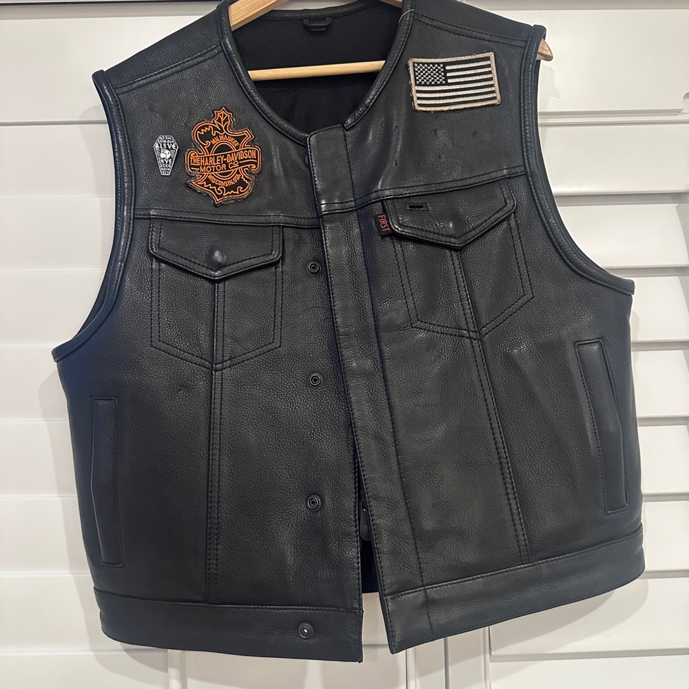 Black Leather Vest with Zipper and Unique Patches